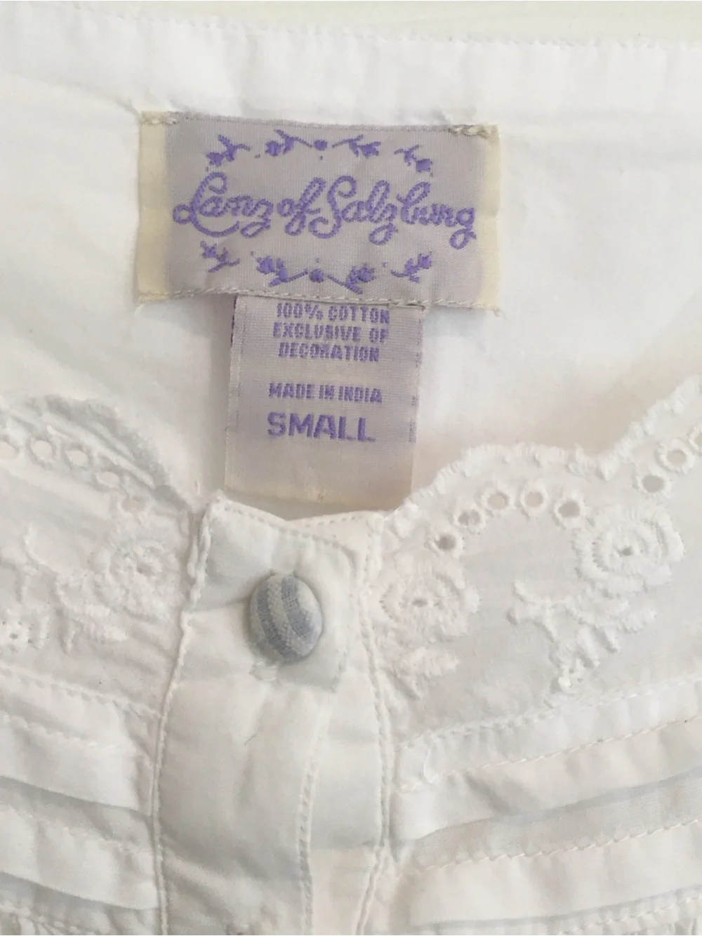 VTG Lanz of Salzburg White 100% Cotton Nightgown Sz S Eyelet Lace Cottagecore